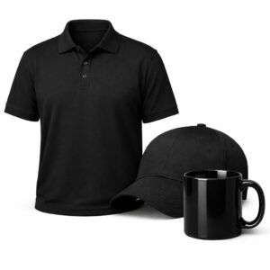 Black polo t shirt mug and cap