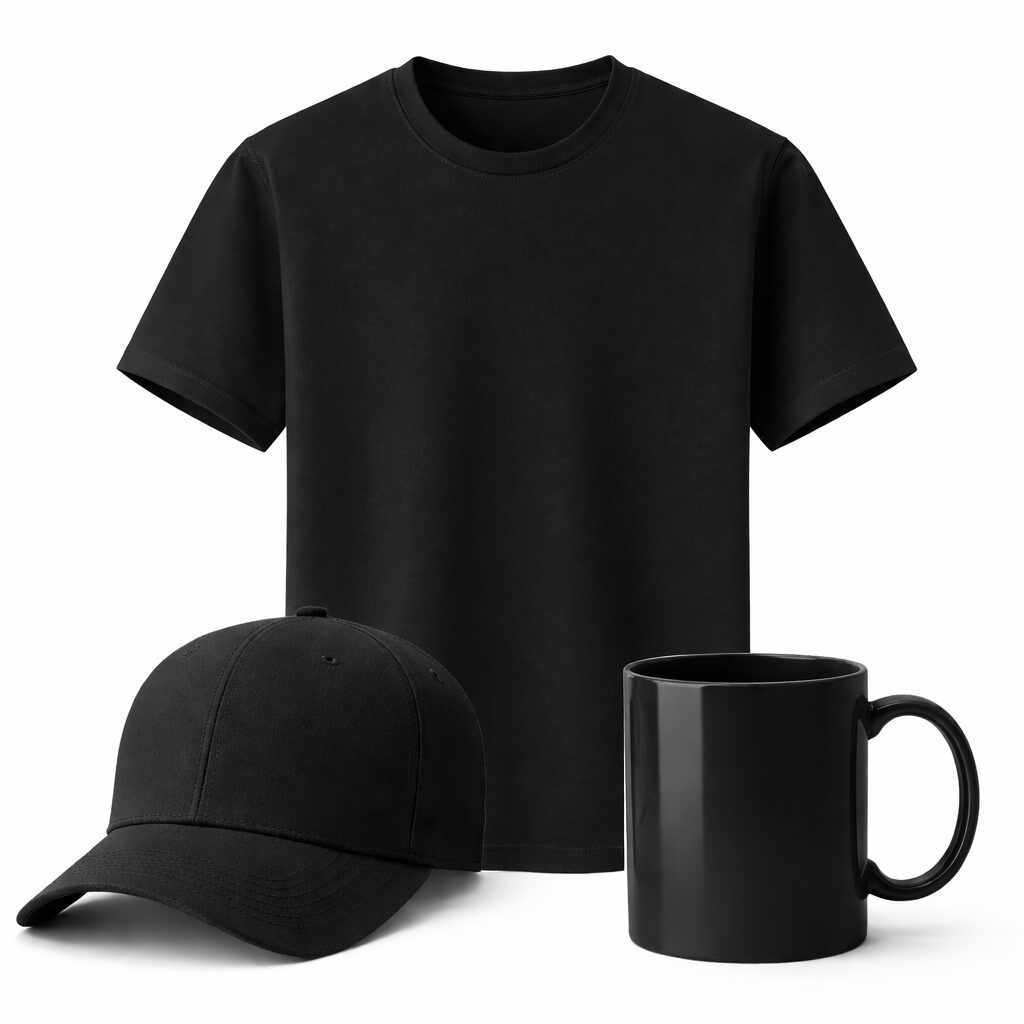 Black t shirt + Cap + Mug